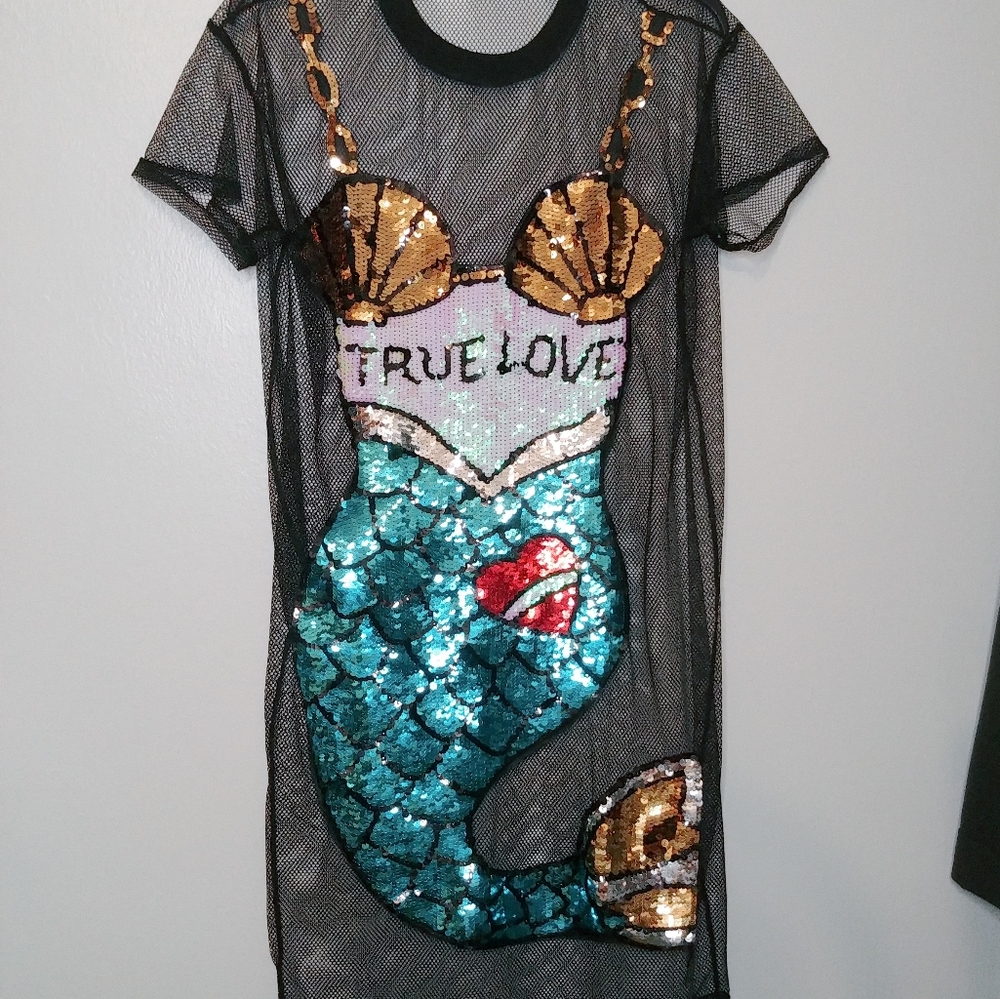 Sparkly Sequined Mermaid Black Mesh CoverUp Dress